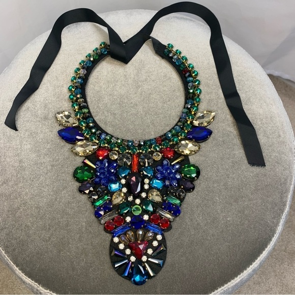 Multicoloured rhinestone gem jewelled bib statement necklace - Picture 3 of 15